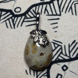 Multicolored Tan Orange and Green Polished Stone Teardrop Shaped Pendant